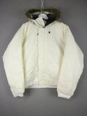Elana Collection Faux Fur Hooded Bomber Jacket Womens Large Cream Off White
